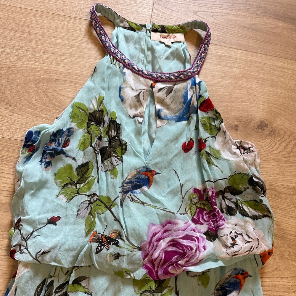 Derhy Paris Boho Floral Maxi Dress M Bird Print Cottagecore Halter Summer - Picture 2 of 9